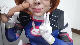 Trans hotty with Dva Cosplay and S&M Nosehook Giving a Oral, Eating Cum and Deepthroat to Big Sex toy