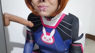 Trans hotty with Dva Cosplay and S&M Nosehook Giving a Oral, Eating Cum and Deepthroat to Big Sex toy