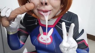 Trans hotty with Dva Cosplay and S&M Nosehook Giving a Oral, Eating Cum and Deepthroat to Big Sex toy