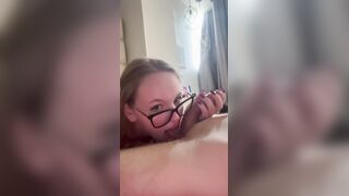Sexy hotty with glasses gives sloppy POV oral pleasure-job and licks the tip