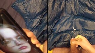 Jerking off and Cumming on my Shiny Blue Puffer Jacket