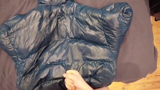Jerking off and Cumming on my Shiny Blue Puffer Jacket
