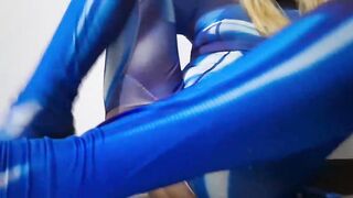 T-girl Samus in High Heels Screwing and Thrusting her Rod through Clear Fleshlight Snatch and Cumming Inside