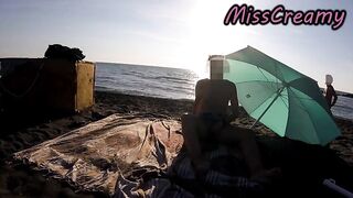 Risky French MILF Squirt then Makes Stranger Cum Bizarre Public Spunk fountain on Crowded Beach