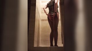 hot shower in garments and stockings