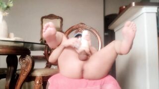Male masturbates in the kitchen