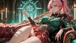 Deep Squat Teasing Below the Massive Magic Array, Green Battle Gear Stretched Constricted.