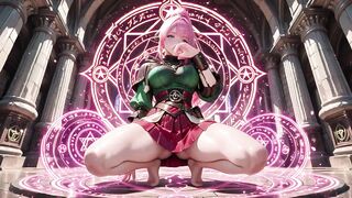 Deep Squat Teasing Below the Massive Magic Array, Green Battle Gear Stretched Constricted.