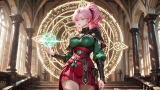 Deep Squat Teasing Below the Massive Magic Array, Green Battle Gear Stretched Constricted.