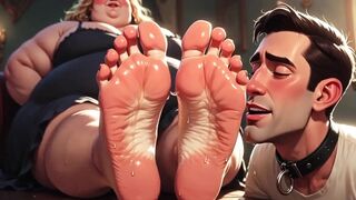 Resigned Guy Devoted to Sweaty Feet of Giant BBW