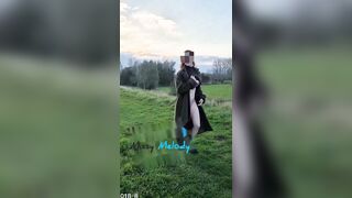 I stood with coat open in the field, purple lingerie out ?