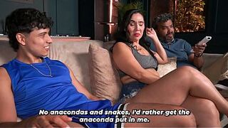 Muscular stepson silently fucks his stepmother while her husband is oblivious