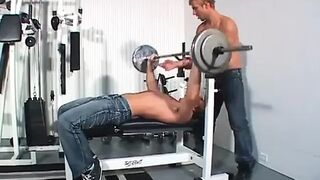 3-some with bisex male duo and sexy golden-haired in gym with ding-penis action