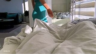 Step Mom caught step son with morning boner and helped him cum on her big round booty