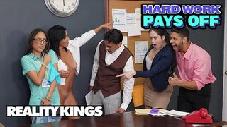 REALITY KINGS - Sexy Lola Aiko Gets Her Pussy Stretched By Abi James’s Strap-On Right On The Office Desk
