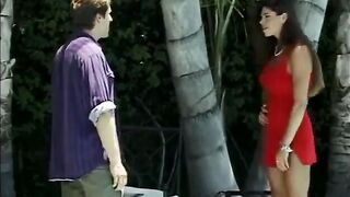 Brunette in hawt red costume gets her snatch drilled poolside