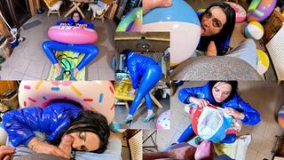 Slaver MILF Leather Pants and Glossy Downjacket. Air Mattress, Beach Ball Popping and Cum Play