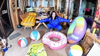 Slaver MILF Leather Pants and Glossy Downjacket. Air Mattress, Beach Ball Popping and Cum Play