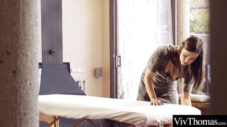 Stunning brunette massages her lesbian lover and makes her cum
