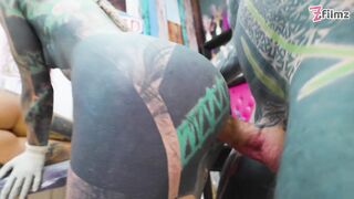 Tattoo apprentice and her customer get ANAL banged during TATTOO session