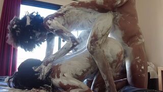 3-some playing shaving foam in eager sex party