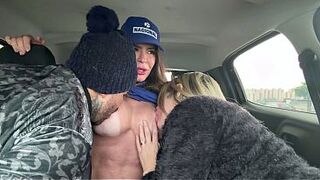 The gas station attendant acceded to sit on my husband's lap, and this chab got so turned on that this stud quit his job right then and there, even taking off all his clothes inside the car.