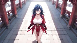 Blue-haired Female-dominator Vs Built! Forbidden Deep Squats in a Navy Bedroom, Shy Chest Covering but Haunches Thrusting Wildly