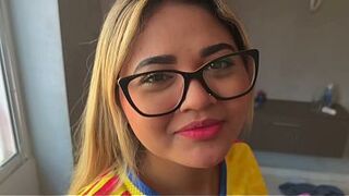 Good-looking woman with glasses likes to swallow dick