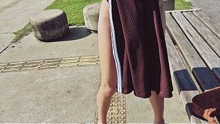 Wife takes off her pants and walks around the park in public wearing only her panties!