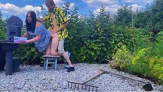 Wicked GF gets fucked hard outdoors on a stool