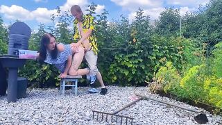 Wicked GF gets fucked hard outdoors on a stool