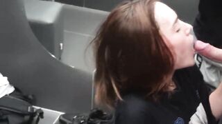 After the gym, in the shower: a brunette with petite melons sucks and gives herself doggy position.