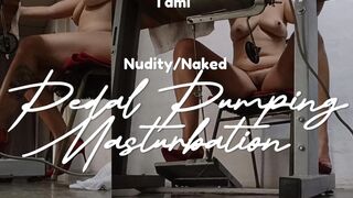 Absolutely Stripped, Wearing Only Stiletto Heels, Pumping the Pedal of a Sewing Machine