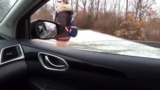Teen Angel in Plaid Skirt Gets a Ride to School From a Stranger on a Snowy Day