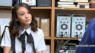 Petite Asian shoplifter bangs security guard on the stockroom desk