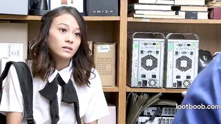 Petite Asian shoplifter bangs security guard on the stockroom desk