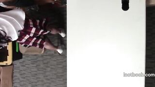 Petite Asian shoplifter bangs security guard on the stockroom desk