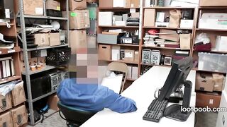 Petite Asian shoplifter bangs security guard on the stockroom desk