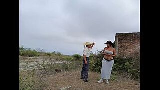 Pretty, busty, and big-assed MILF stepmom screws outdoors with the old farmer neighbor.