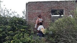 Pretty, busty, and big-assed MILF stepmom screws outdoors with the old farmer neighbor.