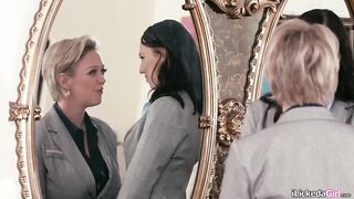 Lesbian boss Dee Williams is caressing and kissing her employee Aidra Fox.The brunette playgirl sucks the milfs big tits then fingers her shaved pussy.