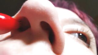 Angies full extreme close-up nose exploration: all angles, pinching...