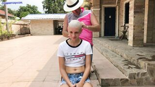 Hairless head shaving and double penetration in all holes