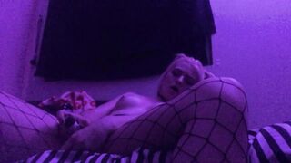 tiny golden-haired bangs herself on web camera