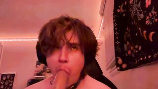 FtM gags on dildo and CUMS!