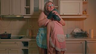 Her stepmom grabs her roughly, covering her mouth with her gloved hand... hot FemDom masturbation with a vibrator, kinky lesbians, filthy talk, and domination