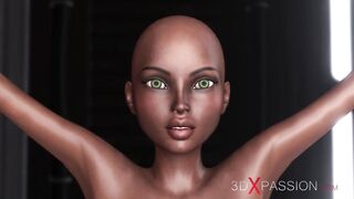 Sexy sci-fi female alien plays with a black girl in the space station