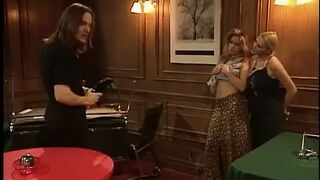 Hot cutie gets drilled doggystyle with a big dong and girlfriend rubs her cunt
