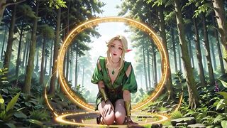 Forest Elf Queen! Kneeling in the dappled sunlight, her fingertips tracing the staff as this playgirl gets wet.