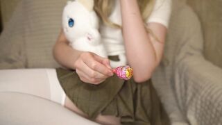 A Schoolgirl Rubs her Clitoris and Moist Pussy with a sugar-plum and Cums!!!